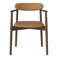 Tan upholstered chair with a smooth texture and dark brown wooden frame, featuring minimalist design and clean lines.