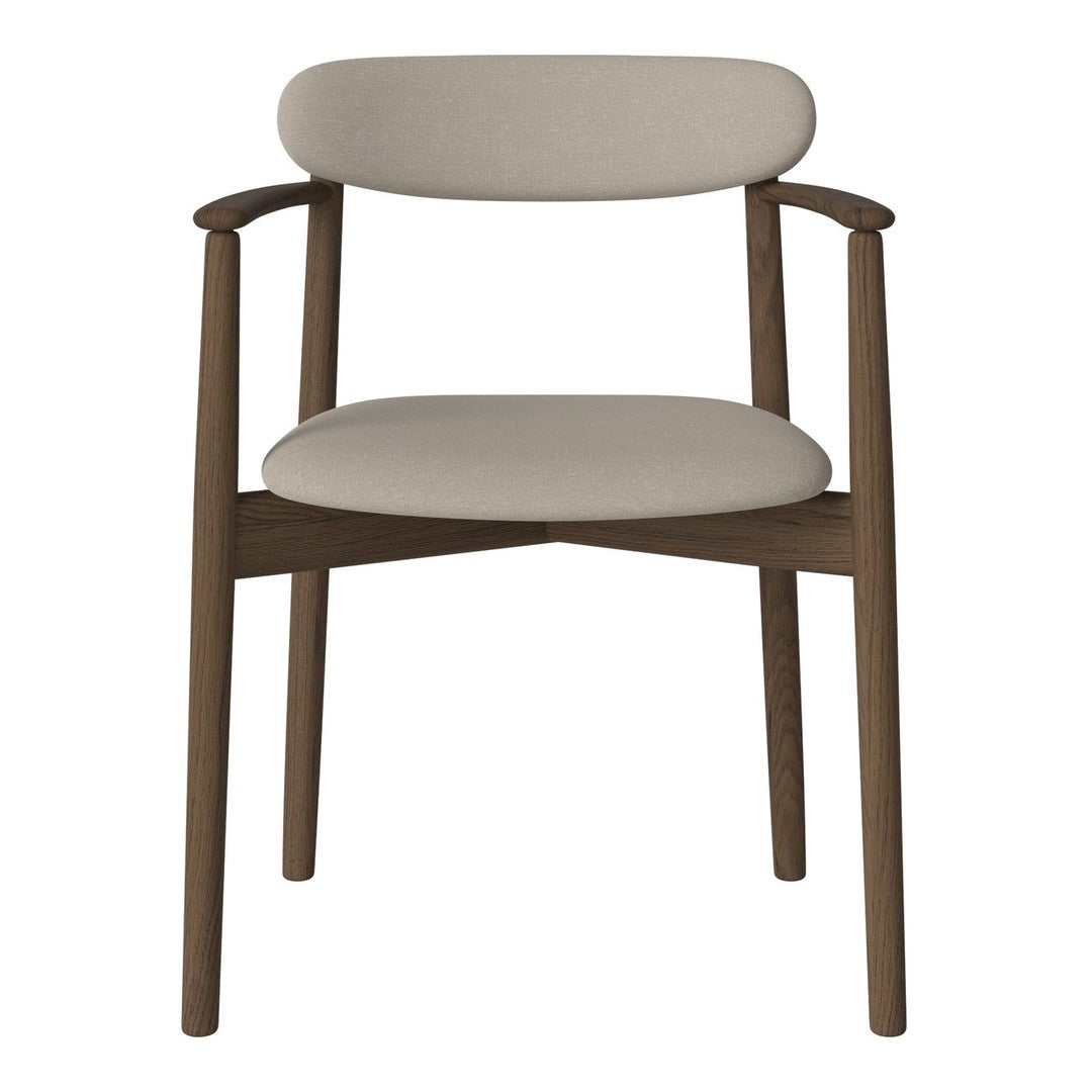 Light beige upholstered chair with a sleek wooden frame, showcasing minimalist design and natural tones.