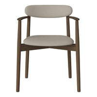 Light beige upholstered chair with a sleek wooden frame, showcasing minimalist design and natural tones.
