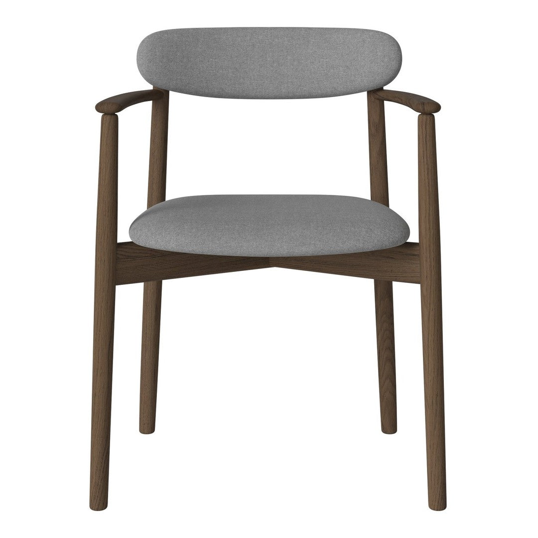 Gray upholstered chair with a simple, modern design, featuring a dark wooden frame and clean lines.