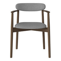 Gray upholstered chair with a simple, modern design, featuring a dark wooden frame and clean lines.