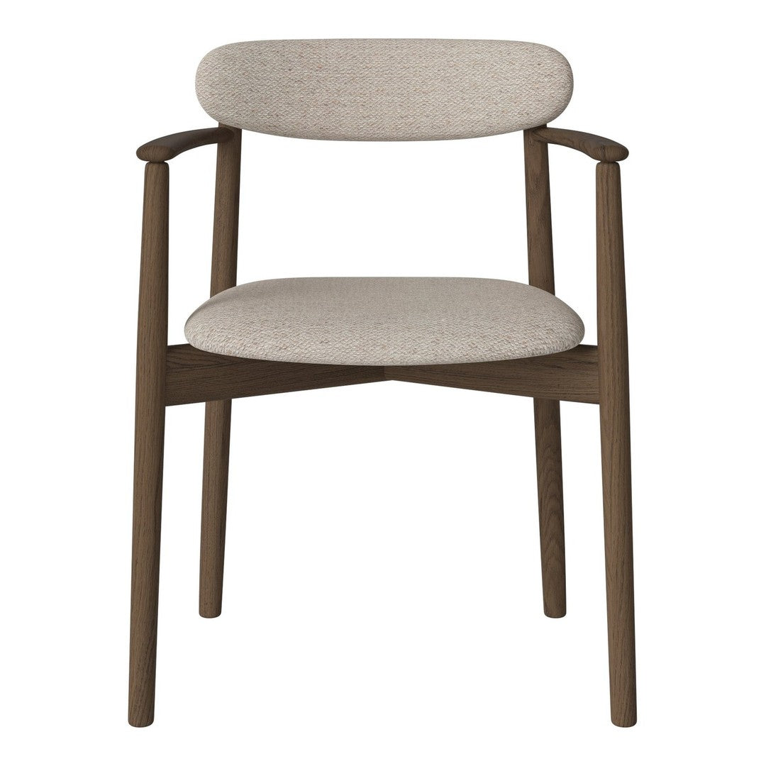 Light beige upholstered chair with a smooth round backrest and dark wooden frame, showcasing a minimalist design.