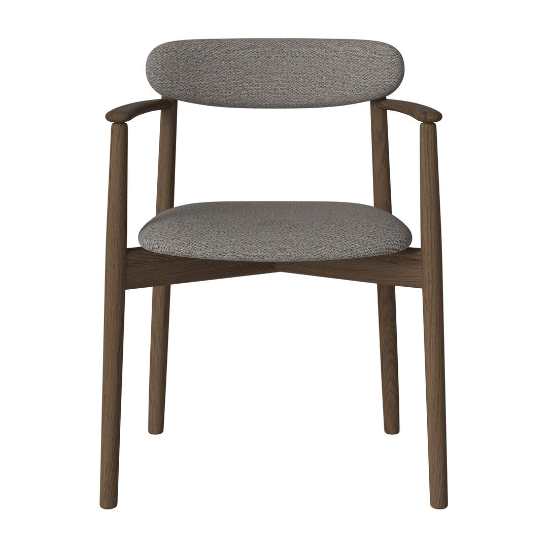 Gray upholstered chair with a simple, modern design and a warm wood finish. Perfect for any contemporary decor.