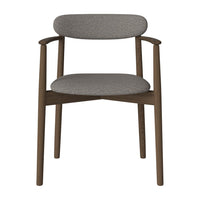 Gray upholstered chair with a simple, modern design and a warm wood finish. Perfect for any contemporary decor.