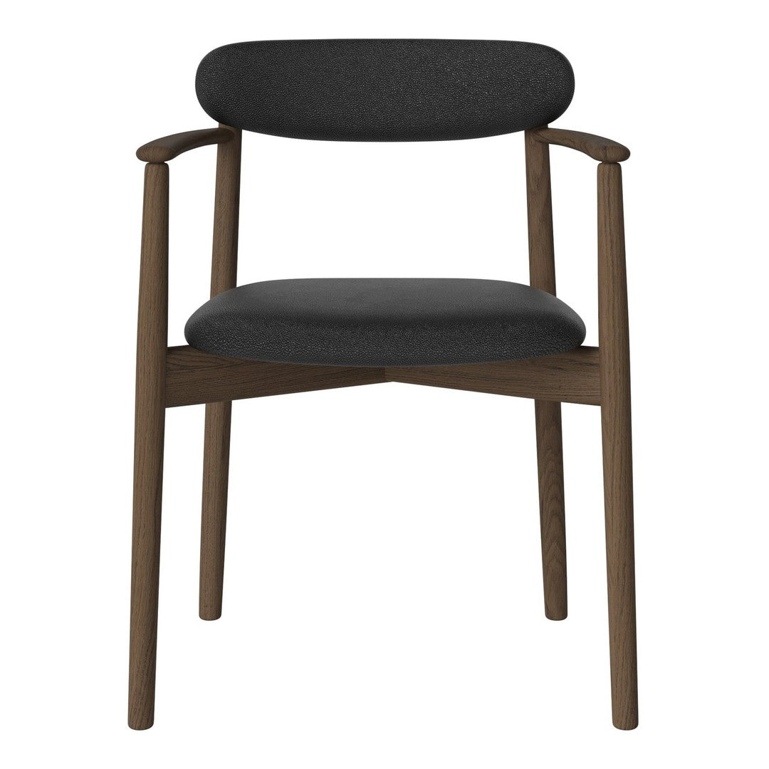 Modern black upholstered chair with a sleek, dark wood frame. Minimalist design, perfect for contemporary spaces.
