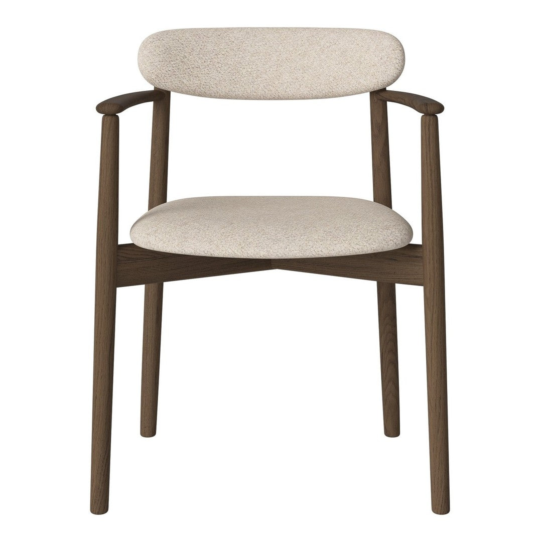 Beige upholstered chair with a light textured pattern and dark wood frame, showcasing a modern and minimalist design.
