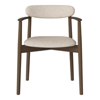 Beige upholstered chair with a light textured pattern and dark wood frame, showcasing a modern and minimalist design.