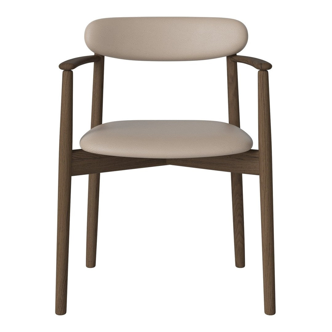 Beige upholstered chair with a smooth finish and wooden frame, featuring minimalist design for a modern look.