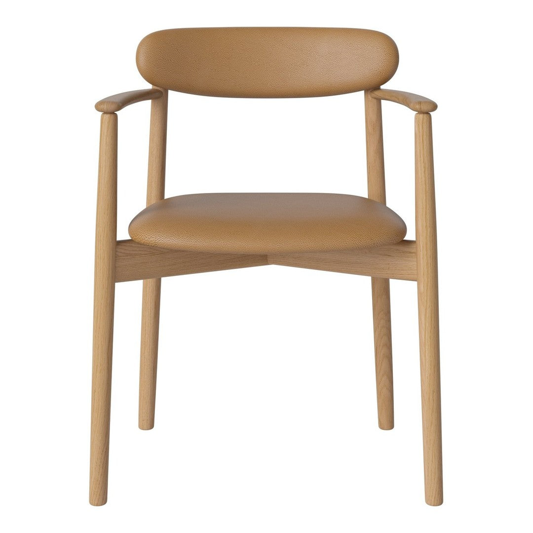 Tan leather chair with a simple, modern design and light wood legs, featuring clean lines and a minimalist aesthetic.