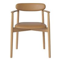 Tan leather chair with a simple, modern design and light wood legs, featuring clean lines and a minimalist aesthetic.