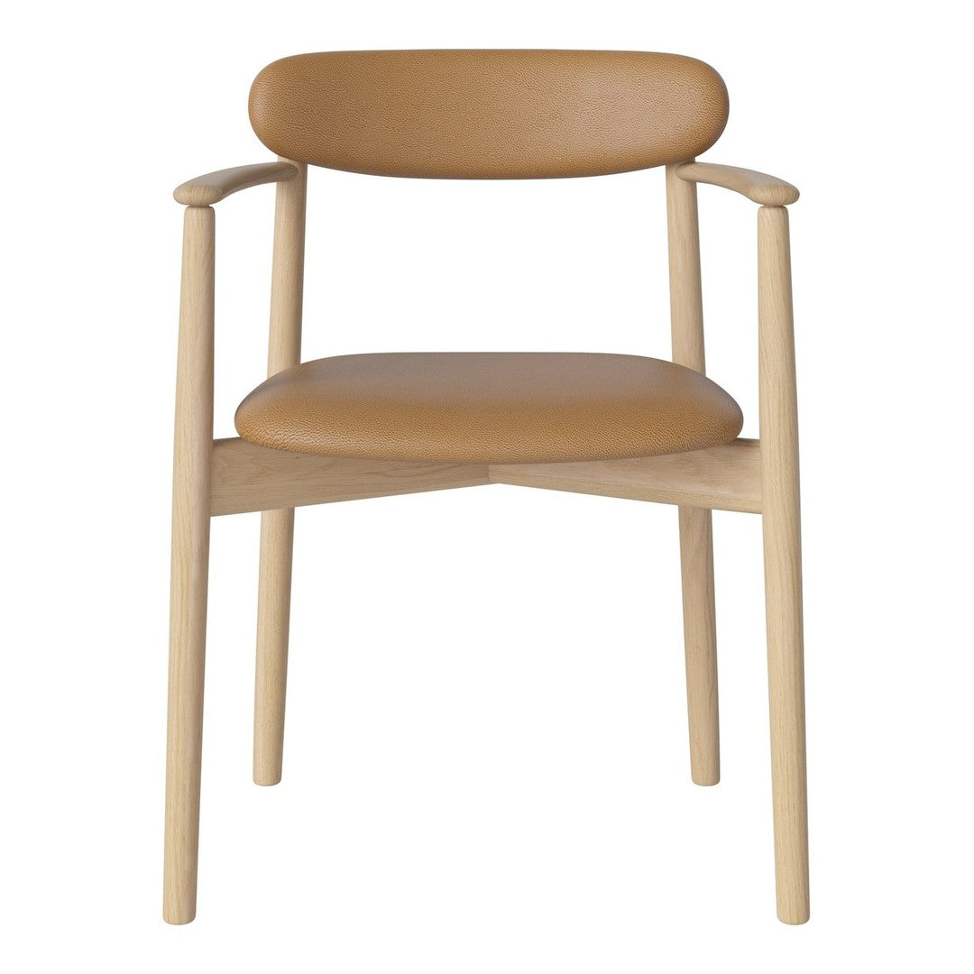 Natural wood chair with a smooth, tan leather seat and minimalist design. Perfect for modern decor.