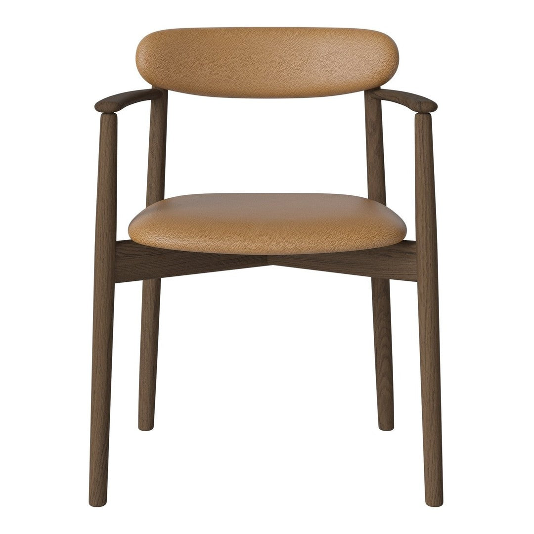 Tan leather chair with smooth finish and dark wood accents, featuring a minimalist design for contemporary decor.