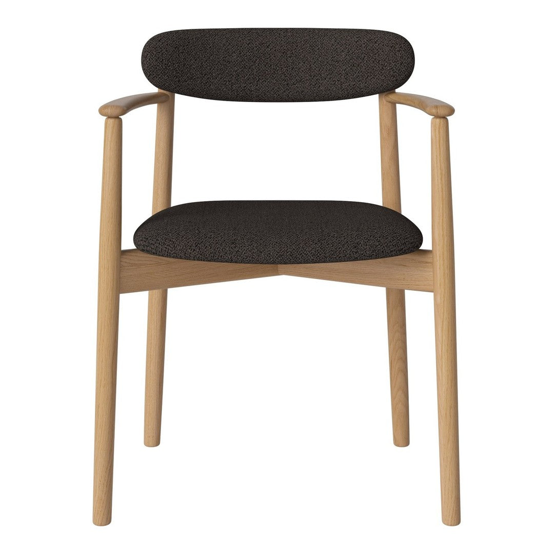 Stylish chair with a dark gray upholstery in a textured pattern and light wooden frame.