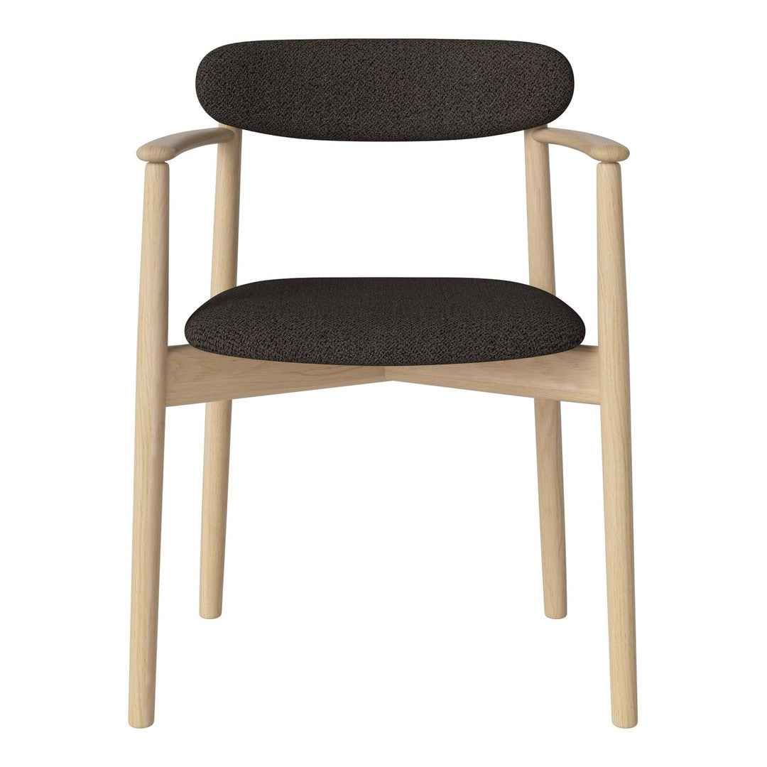 Modern wooden chair with beige frame and dark gray upholstered seat and backrest. Minimalist design highlights clean lines.