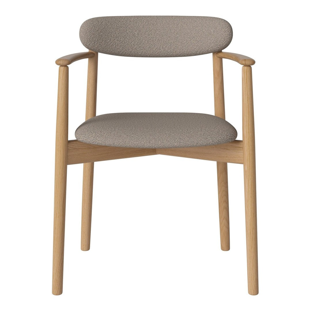 Light gray fabric chair with natural wood frame, featuring a simple, modern design. Soft tones and clean lines.