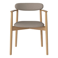 Light gray fabric chair with natural wood frame, featuring a simple, modern design. Soft tones and clean lines.