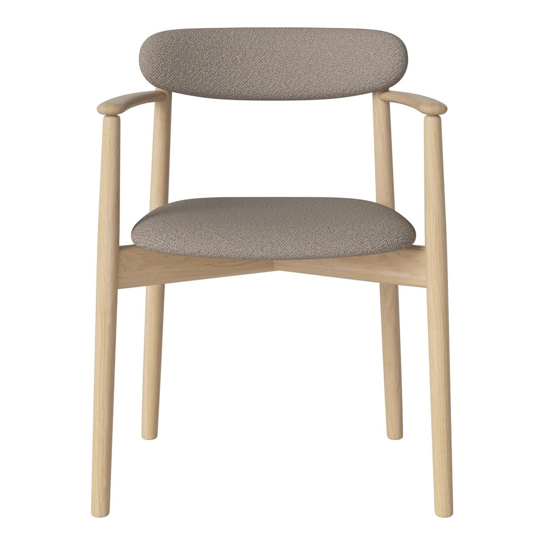 Light gray upholstered chair with simple, neutral-toned wood frame; modern design featuring subtle textures.