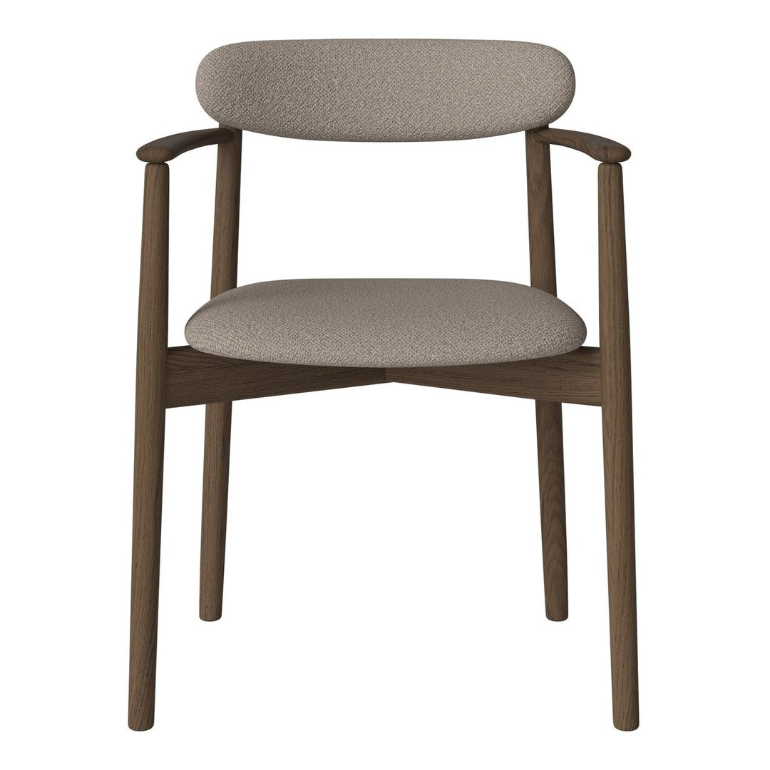 Beige upholstered chair with a natural wood frame and minimalist design, perfect for modern interiors.