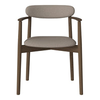 Beige upholstered chair with a natural wood frame and minimalist design, perfect for modern interiors.