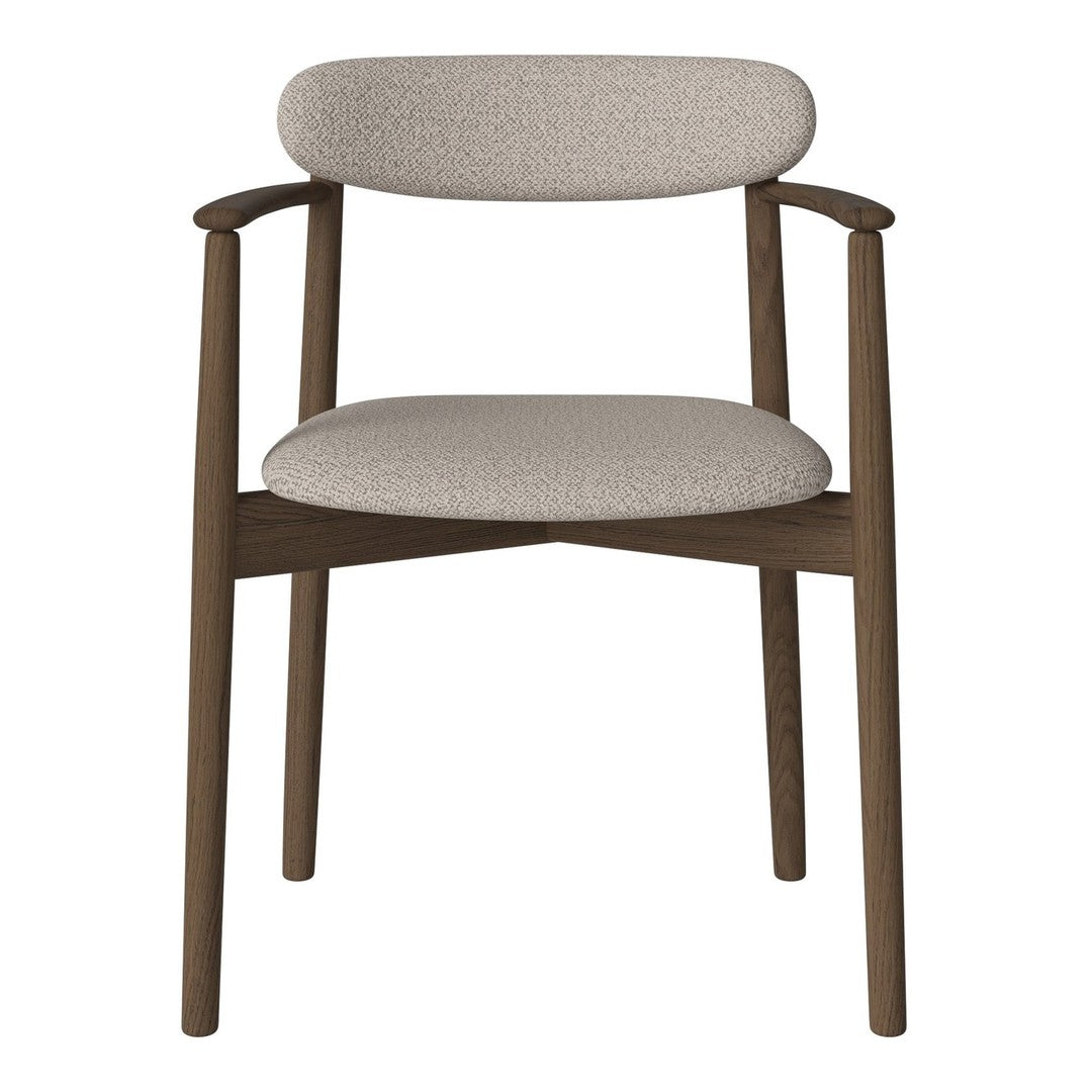 Beige upholstered chair with a textured pattern and dark wood legs, featuring a minimalist design.