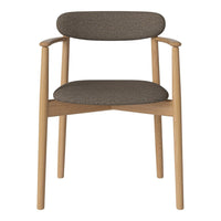 Modern chair with a textured dark gray fabric seat and backrest, complemented by natural wood legs and arms.