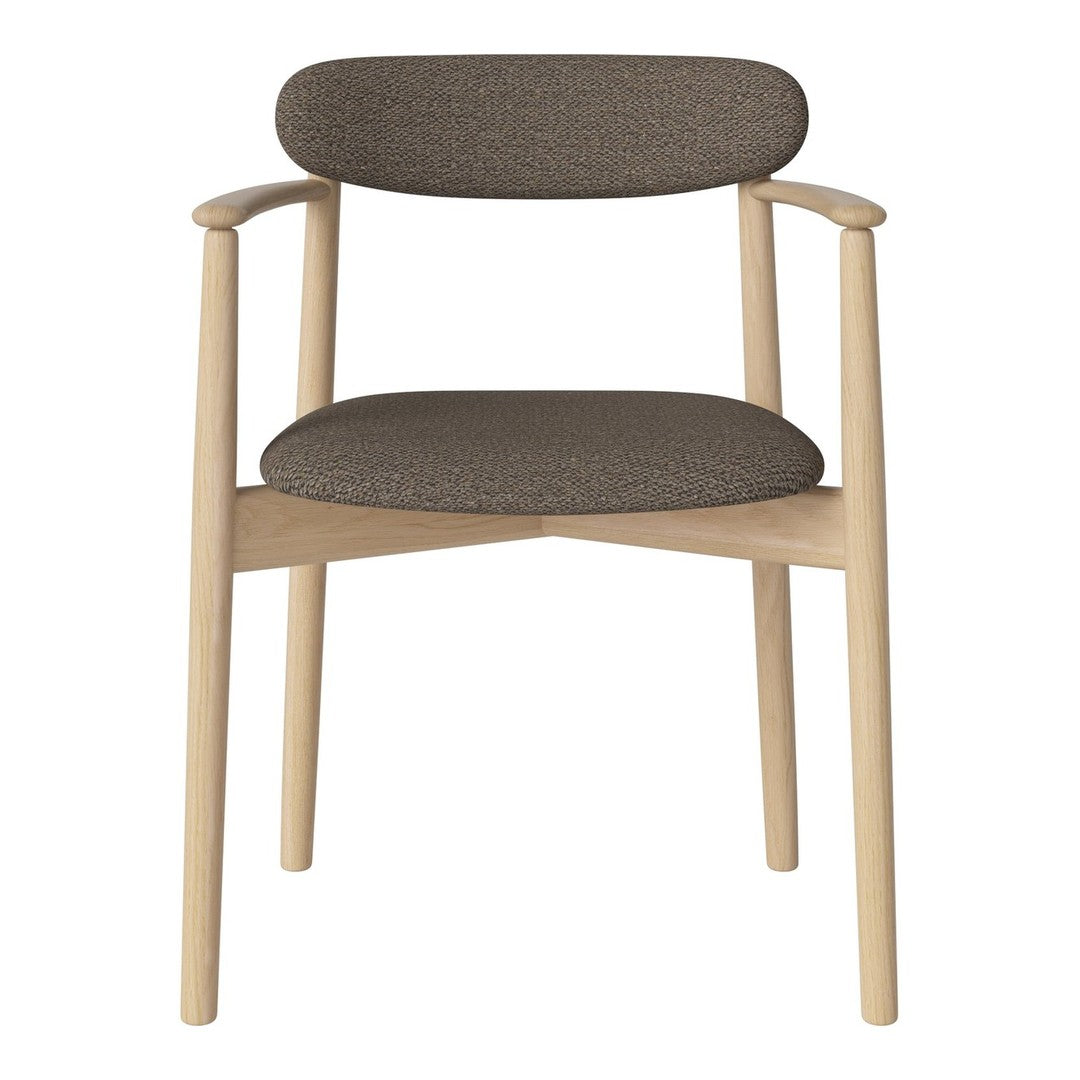 Modern chair featuring a neutral brown fabric and light wooden frame, perfect for minimalist decor.