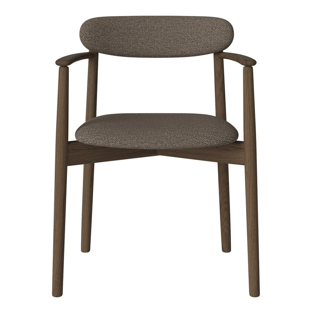 Brown upholstered chair with a textured pattern and wooden legs, featuring a minimalist design.