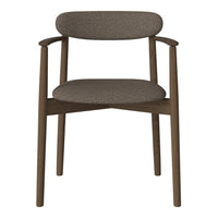 Brown upholstered chair with a textured pattern and wooden legs, featuring a minimalist design.