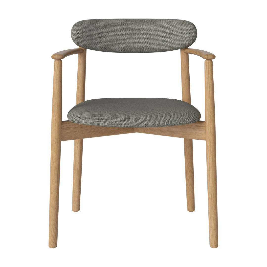 Gray upholstered chair with a natural wood frame and minimalist design. Stylish and modern for any decor.