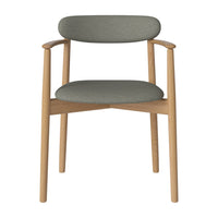Gray upholstered chair with a natural wood frame and minimalist design. Stylish and modern for any decor.
