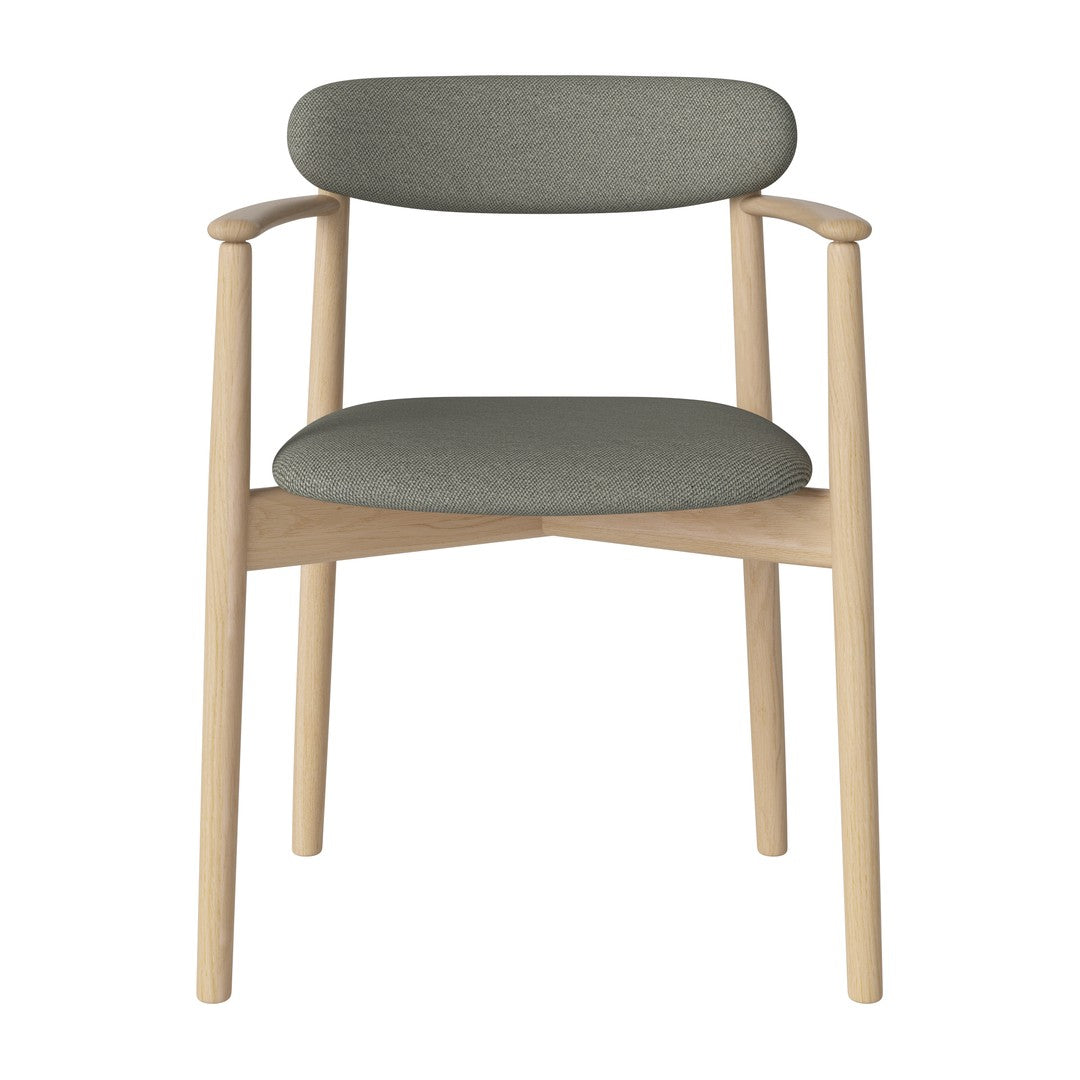 Stylish grey upholstered chair with natural wood frame, featuring a minimalist design and soft, smooth curves.