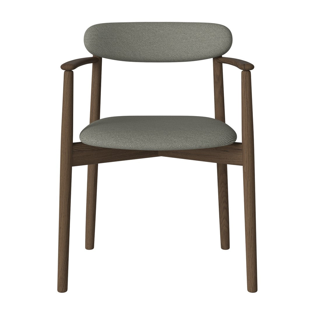 Modern chair featuring a gray upholstered seat and backrest with a warm brown wooden frame. Simple, stylish design.