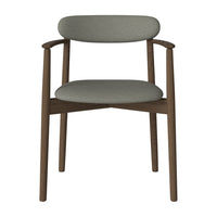 Modern chair featuring a gray upholstered seat and backrest with a warm brown wooden frame. Simple, stylish design.