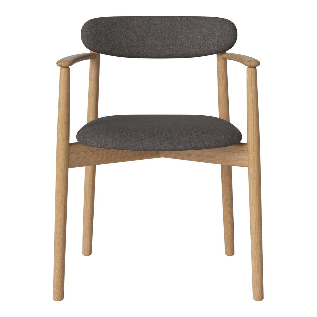Modern chair featuring a grey fabric seat and backrest with light wood frame, showcasing a minimalist design.