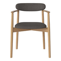 Modern chair featuring a grey fabric seat and backrest with light wood frame, showcasing a minimalist design.