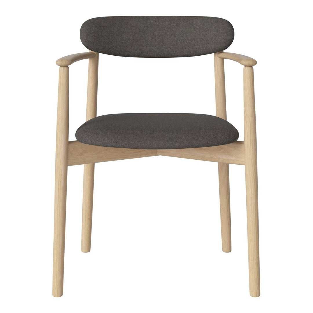 Gray upholstered chair with a natural wood frame and minimalist design. Modern and stylish for any space.