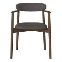 Gray upholstered chair with a smooth finish and minimalist wooden frame, perfect for modern decor.