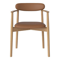 Brown faux leather seat with light wooden frame, minimalist design, and smooth, clean lines. Perfect for modern spaces.
