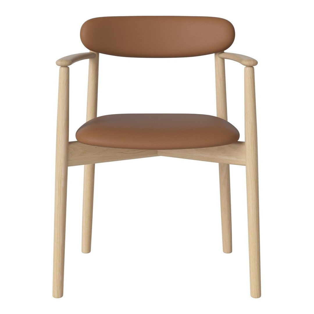 Tan leather seat with a light wood frame, showcasing a minimalist design and smooth, clean lines.