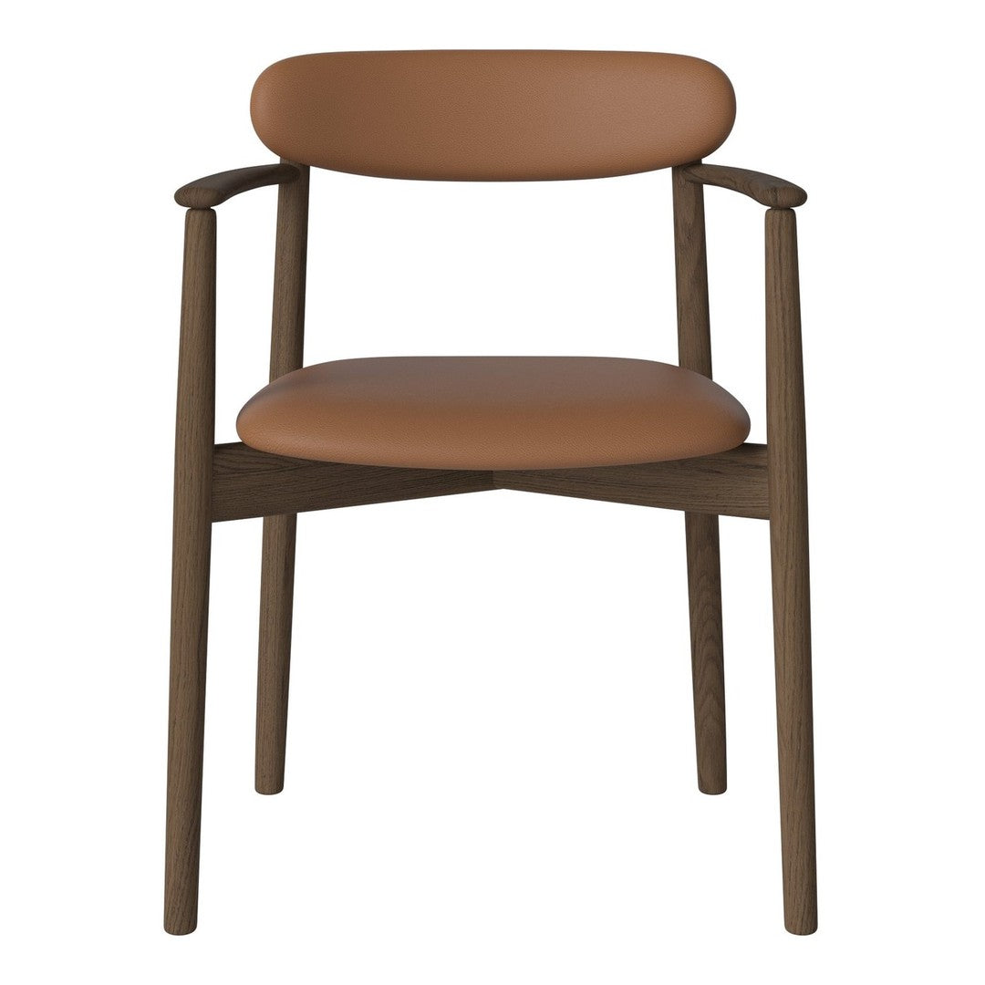 Brown leather seat and backrest with a dark wooden frame, featuring a minimalist design and smooth curves.