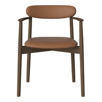 Brown leather seat and backrest with a dark wooden frame, featuring a minimalist design and smooth curves.