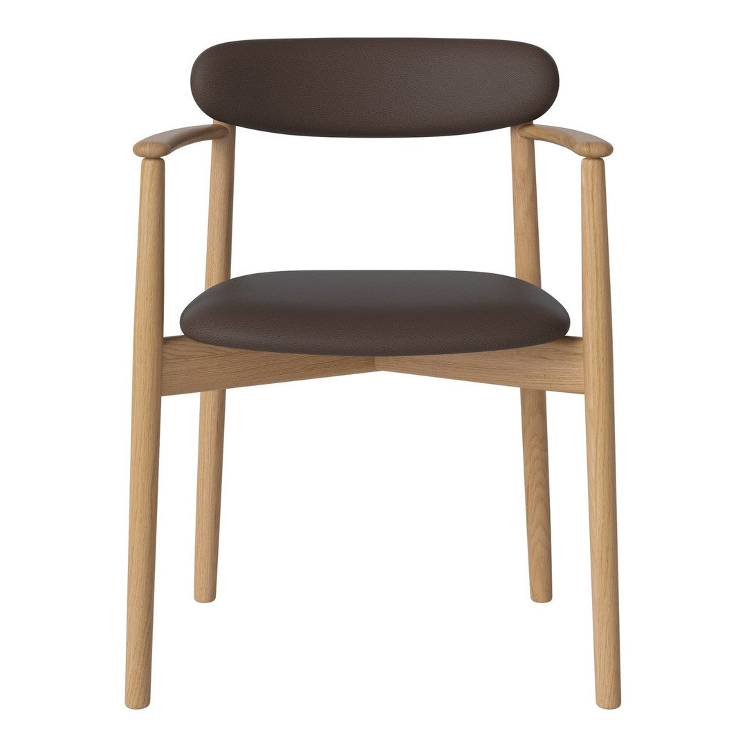 Brown upholstered chair with light wooden legs and a smooth, minimalist design. Perfect for modern decor.