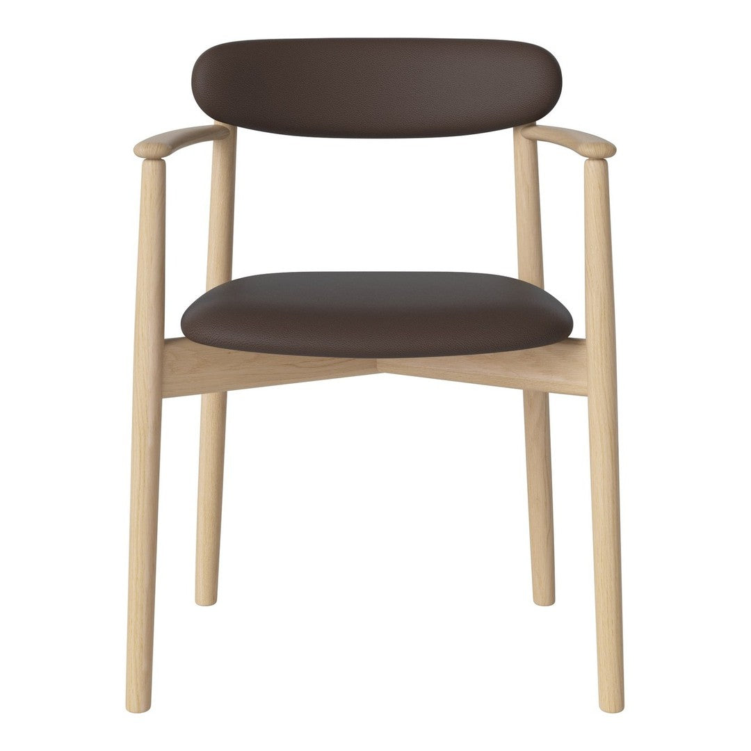 Modern chair with natural wood frame and dark brown upholstered seat and backrest, featuring a minimalist design.