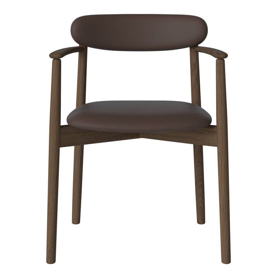 Brown wooden chair with a smooth, rounded back and seat, featuring sleek, modern design elements.