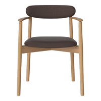 Brown cushioned seat with wooden legs and curved armrests, featuring a minimalist design.