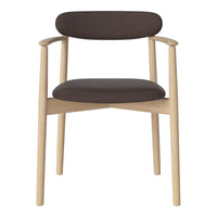 Brown fabric chair with light wood legs. Minimalist design featuring smooth, rounded edges and simple silhouette.