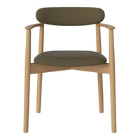 Olive green chair with smooth wood accents and minimalist design. Ideal for modern decor.