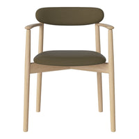 Green upholstered chair with light wood legs and a minimalist design. Stylish and modern home décor accent.
