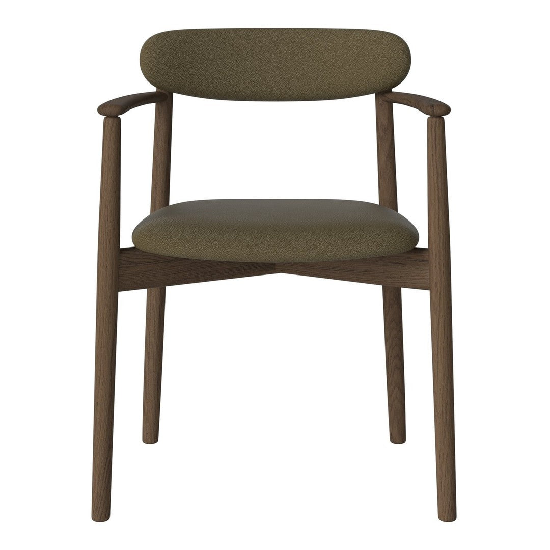 Olive green upholstered chair with wooden frame, featuring a minimalist design and smooth, clean lines.