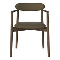 Olive green upholstered chair with wooden frame, featuring a minimalist design and smooth, clean lines.